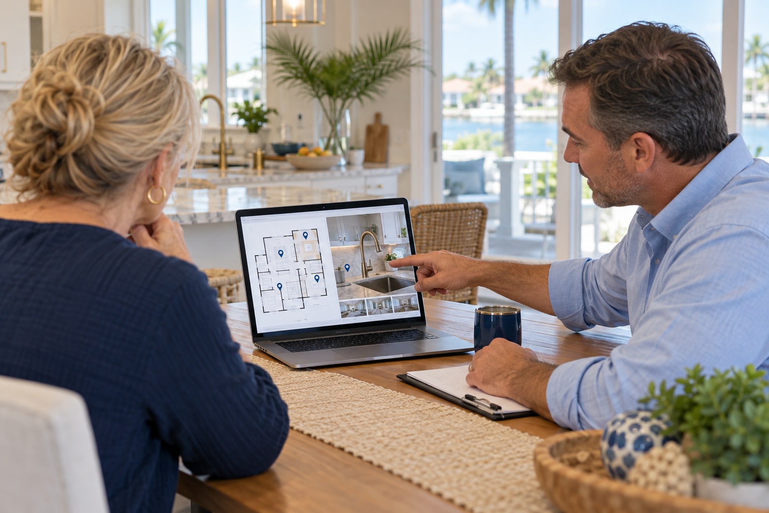 AI illustration of a homeowner and insurance adjuster reviewing a tagged floor plan and fixture photographs on a laptop