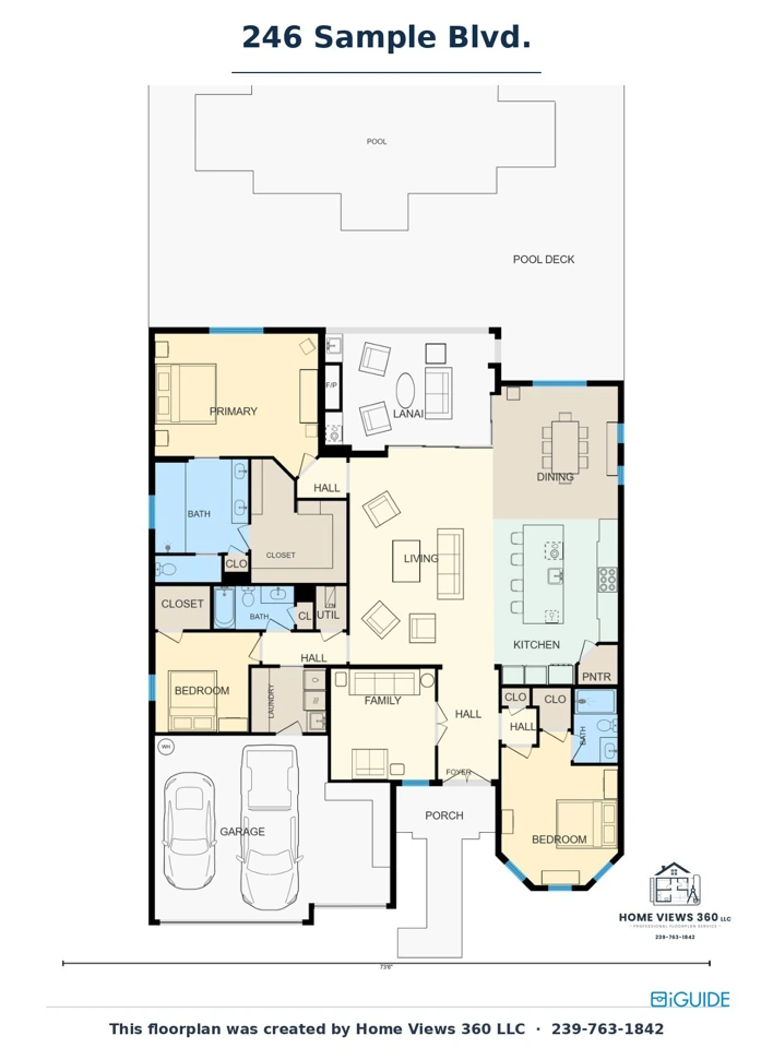 Furnished single-family pool-home floor plan with existing furniture, room names and dimensions