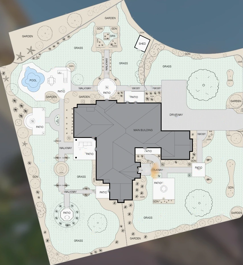 Sample marketing site plan showing building footprint, pool, landscaping and driveway