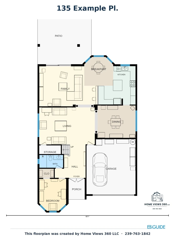 Furnished first-floor plan of a two-story home with room names and measurements