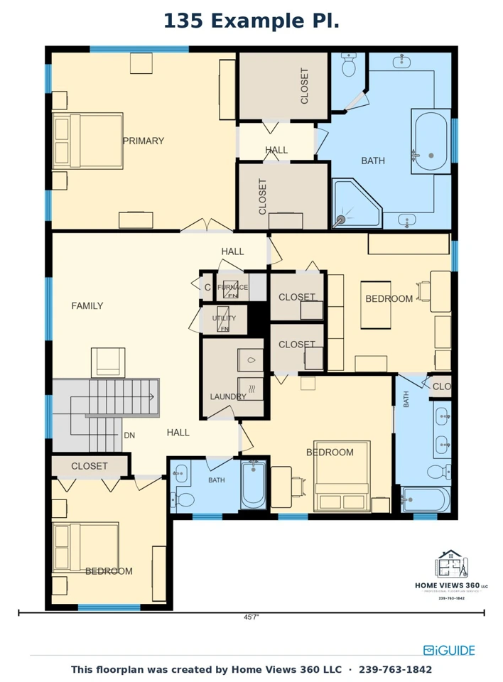 Furnished second-floor plan with bedrooms, bathrooms and dimensions