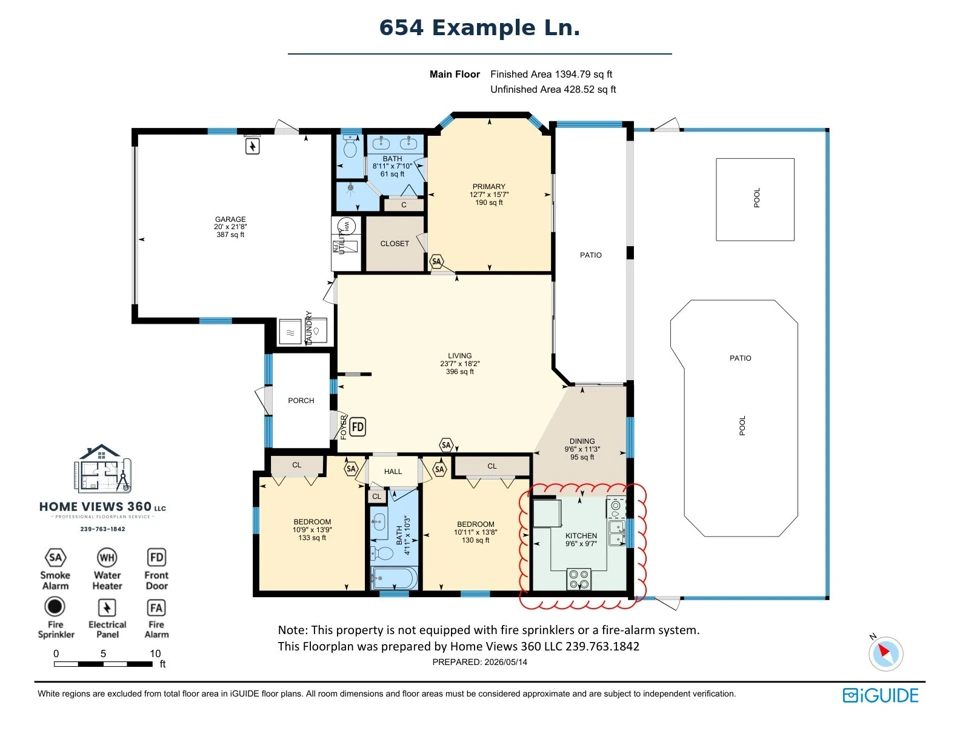 Existing-home floor plan with pool, labeled rooms and code-symbol key