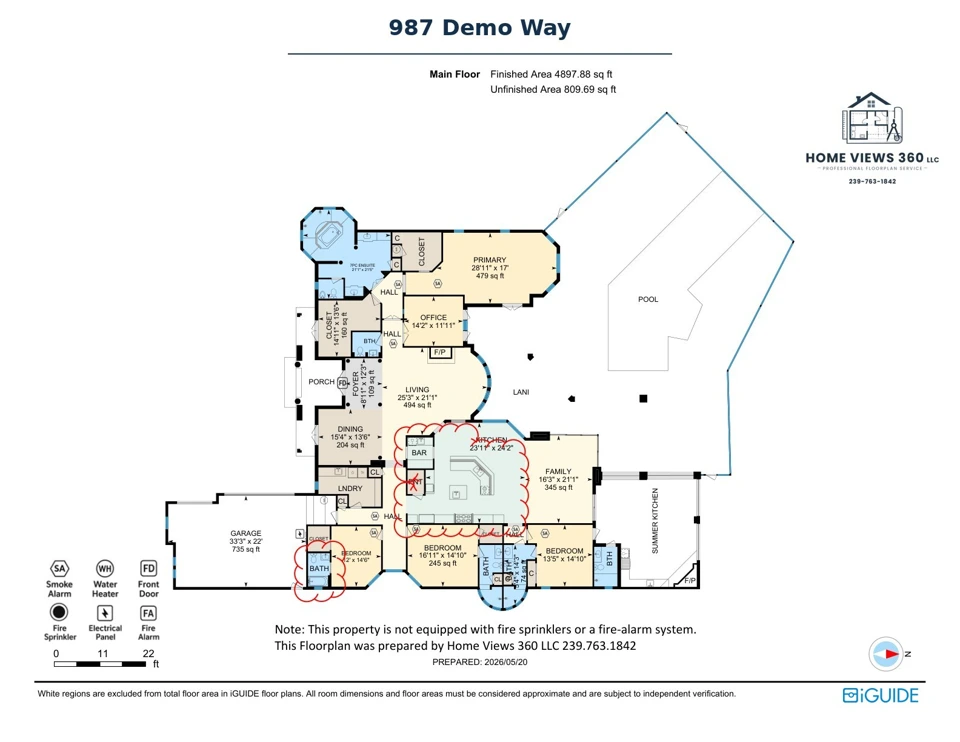 Colored floor plan of an existing pool home with room names and dimensions