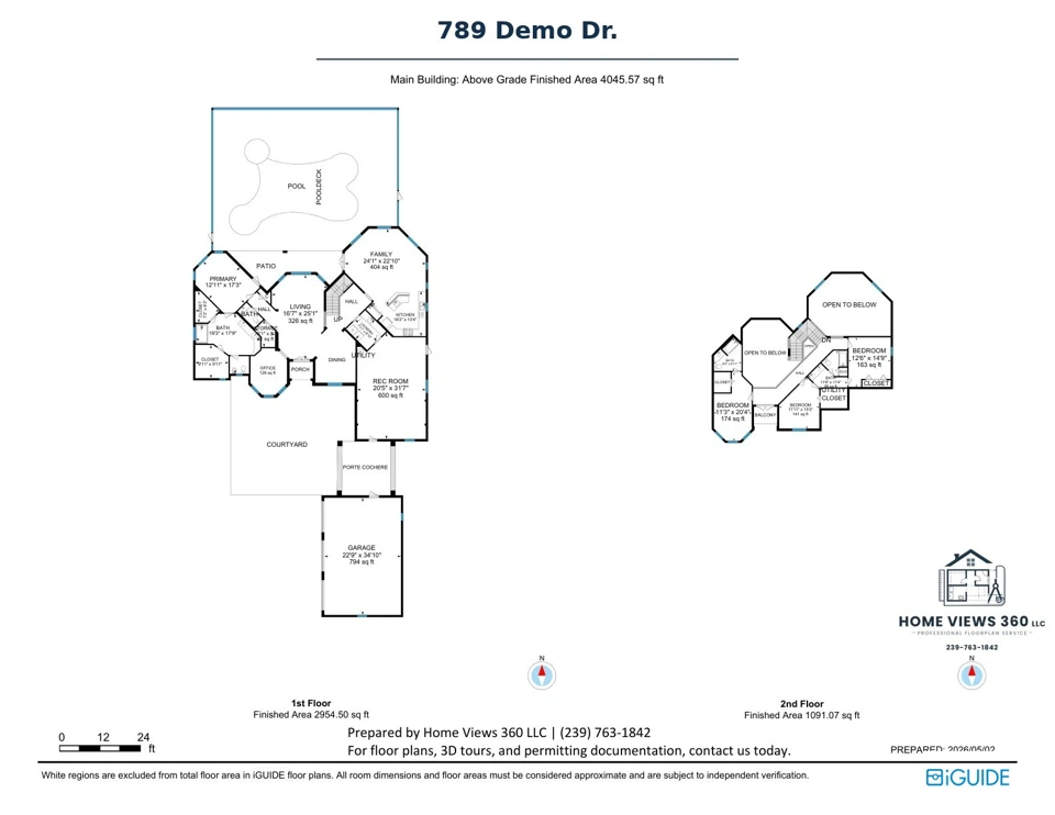 Black-and-white dimensioned floor plans of a two-story estate